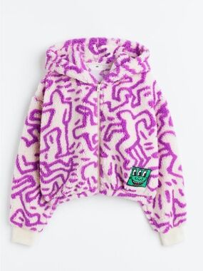 H&M Cream Sherpa Zip Hoodie with Purple Graphic Pattern